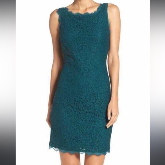 Adrianna Papell emerald green lace sleeveless exposed back zipper dress Sz 14 - Picture 1 of 7